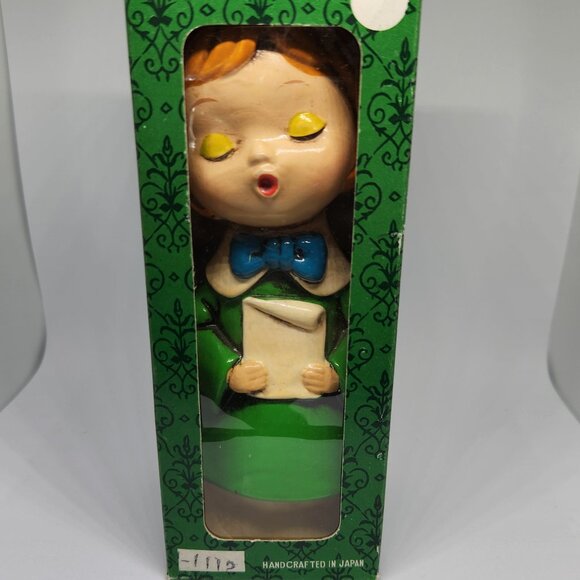 Vintage Christmas Chalk Ware Caroler Green Smock Made in Japan New in Box - Picture 6 of 7